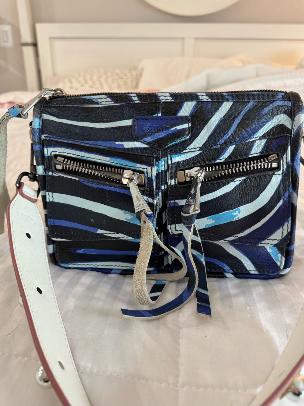 Aimee Kestenberg Navy and Light Blue Zebra Print Leather Crossbody